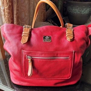 Red Pebbled Leather Tote Bag with Tan Straps